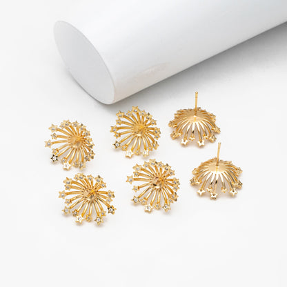 4pcs CZ Pave Star Fireworks Ear Posts, Pearl Earring Mounts, Half Drilled Pearls Earring Settings (GB-3580)