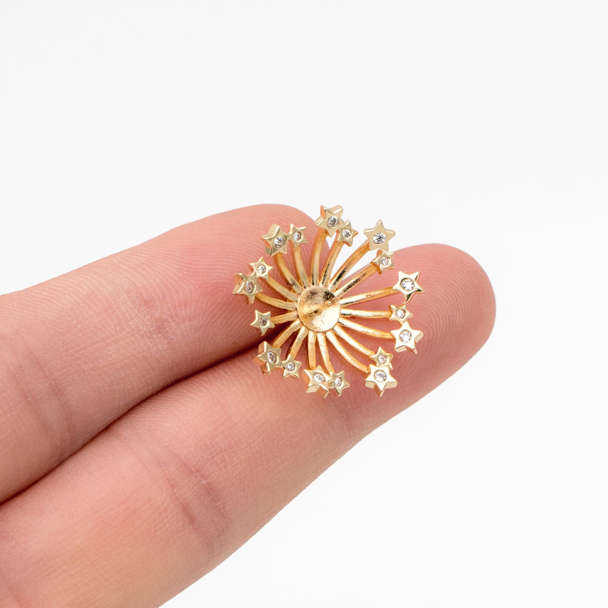 4pcs CZ Pave Star Fireworks Ear Posts, Pearl Earring Mounts, Half Drilled Pearls Earring Settings (GB-3580)