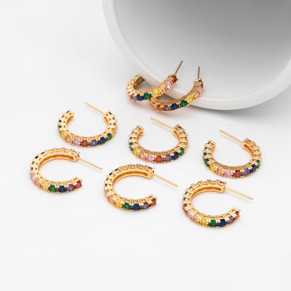 4pcs CZ Pave Hoop Stud Earrings 21mm, 18K Gold Plated Brass, Colorful Rainbow Post Earrings (GB-3646)