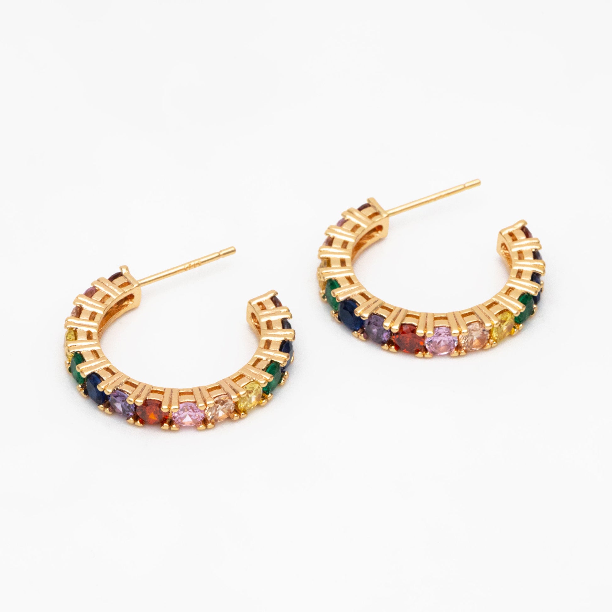 4pcs CZ Pave Hoop Stud Earrings 21mm, 18K Gold Plated Brass, Colorful Rainbow Post Earrings (GB-3646)