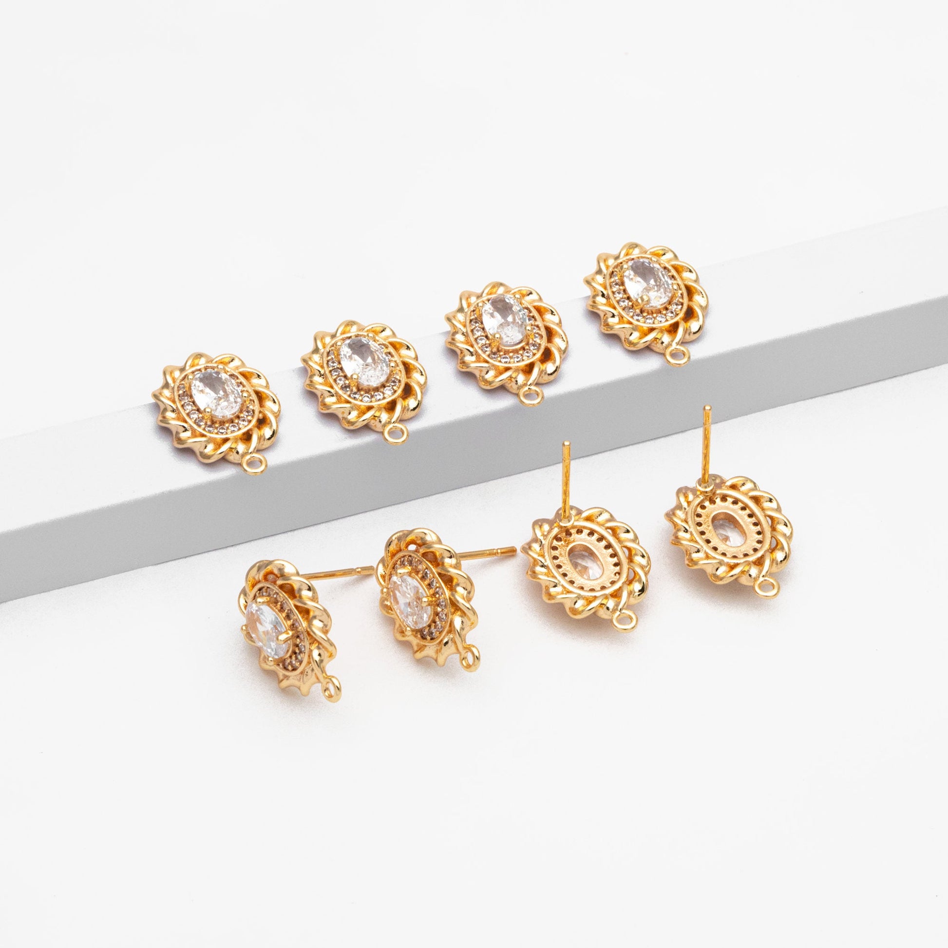 4pcs CZ Pave Gold Oval Ear Posts: Dainty Stud Earring Findings (GB-3650)