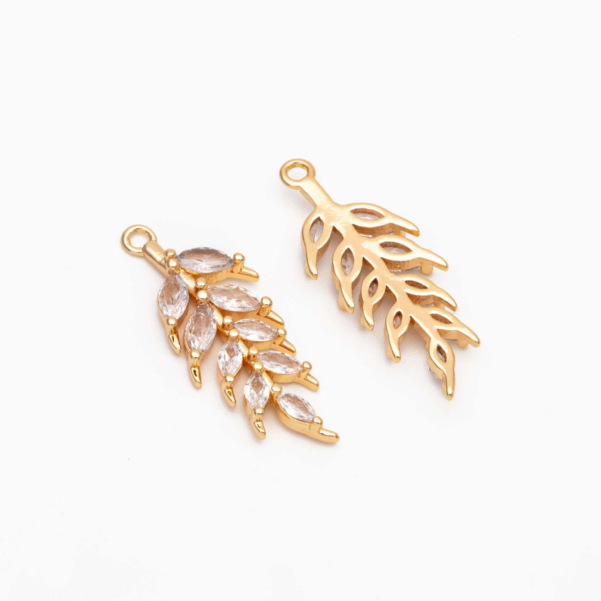 4pcs CZ pave Leaf Charms 27x10mm, 18K Gold plated Brass, Cubic Zirconia Leaf Pendants (GB-3037-H)