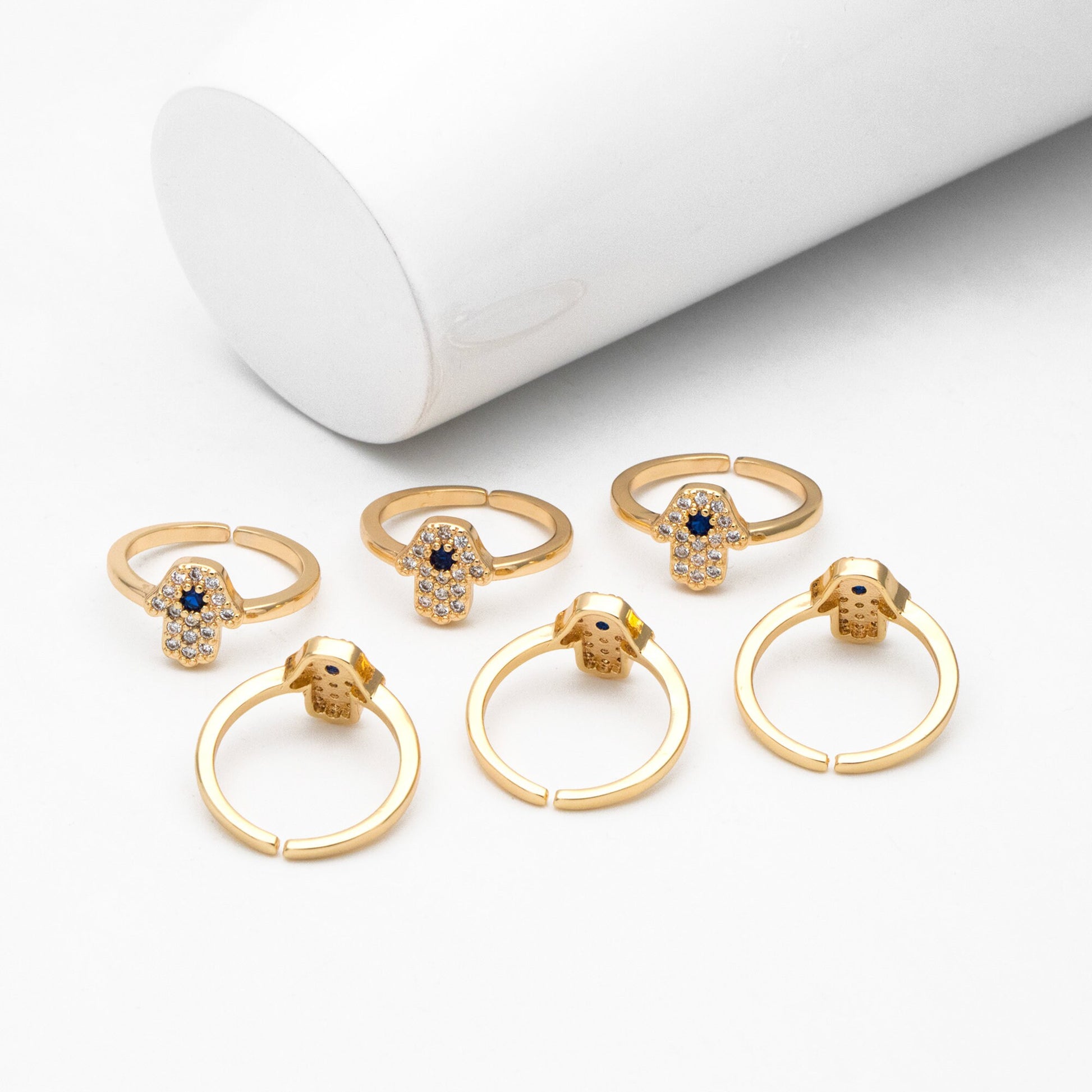 4pcs CZ Pave Gold Hamsa Ring, Hand of Fatima Ring, Protection Ring, Adjustable Ring (#GB-3661)