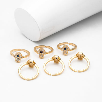 4pcs CZ Pave Gold Hamsa Ring, Hand of Fatima Ring, Protection Ring, Adjustable Ring (#GB-3661)