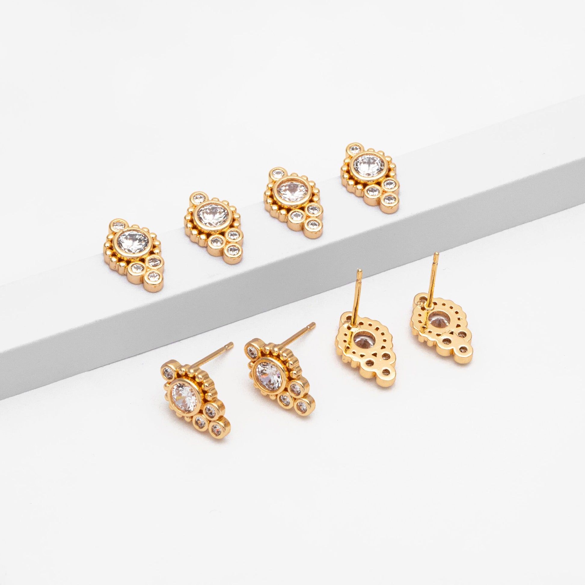 4pcs CZ Pave Round Cluster Earrings 13x8mm, Gold Plated Brass Dainty Stud Earrings (GB-3662)
