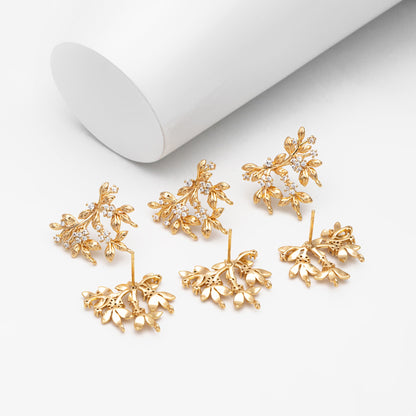 4pcs CZ Pave Flower Branch Stud Earring with 3 loops, Dainty Earrings, Dangle Earring Components (GB-3664)