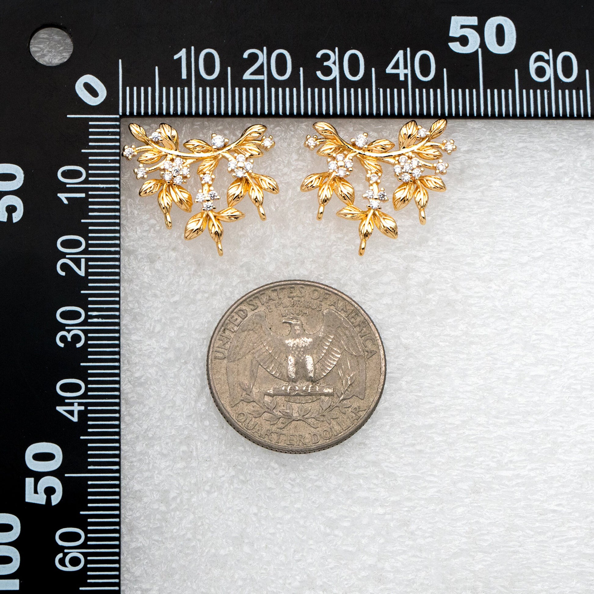 4pcs CZ Pave Flower Branch Stud Earring with 3 loops, Dainty Earrings, Dangle Earring Components (GB-3664)