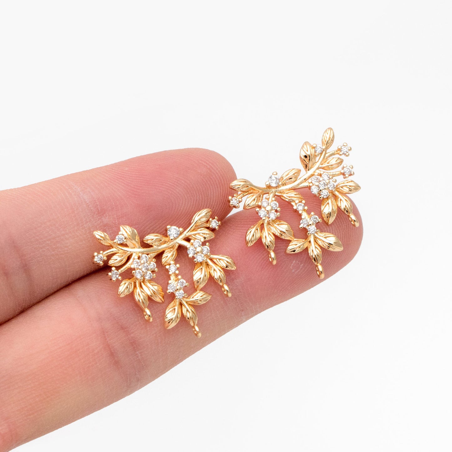 4pcs CZ Pave Flower Branch Stud Earring with 3 loops, Dainty Earrings, Dangle Earring Components (GB-3664)