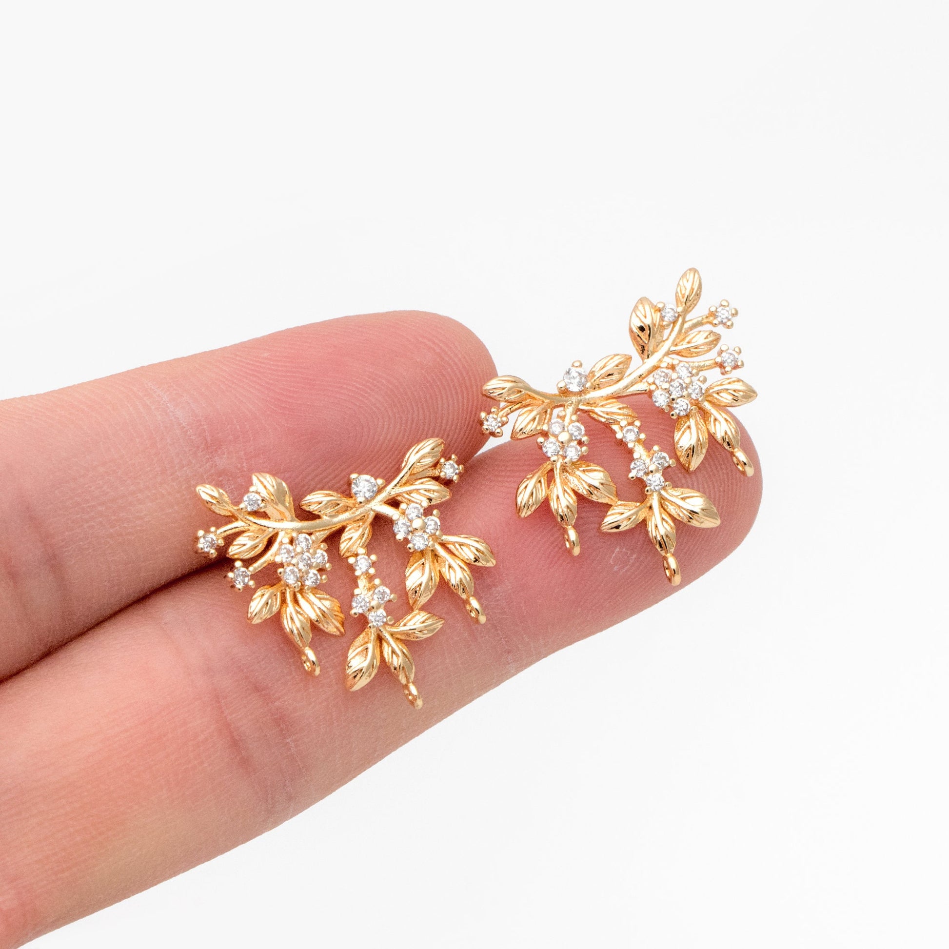 4pcs CZ Pave Flower Branch Stud Earring with 3 loops, Dainty Earrings, Dangle Earring Components (GB-3664)