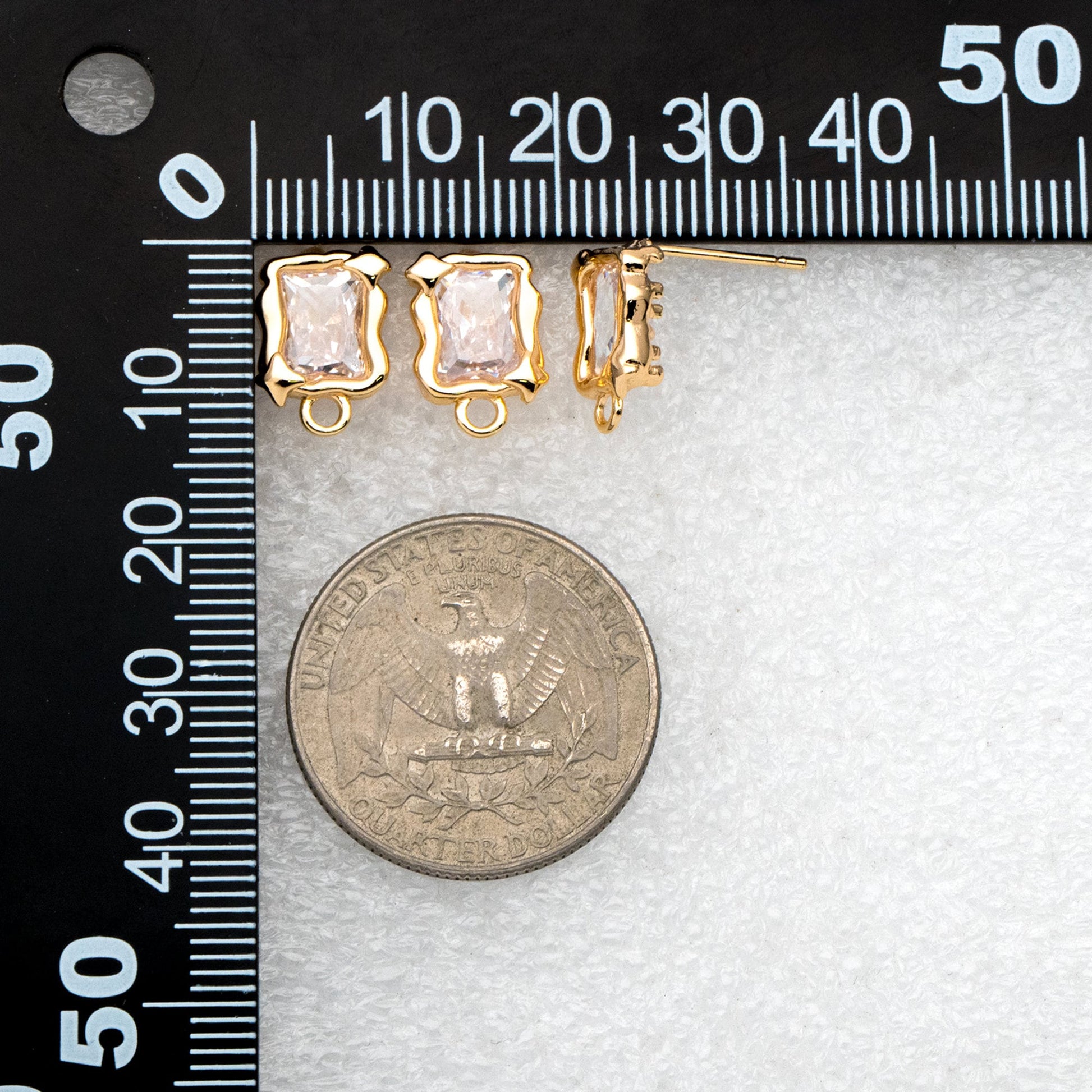 4pcs CZ Pave Rectangle Ear Posts: 18K Gold Plated Brass Stud Earrings (GB-3586)