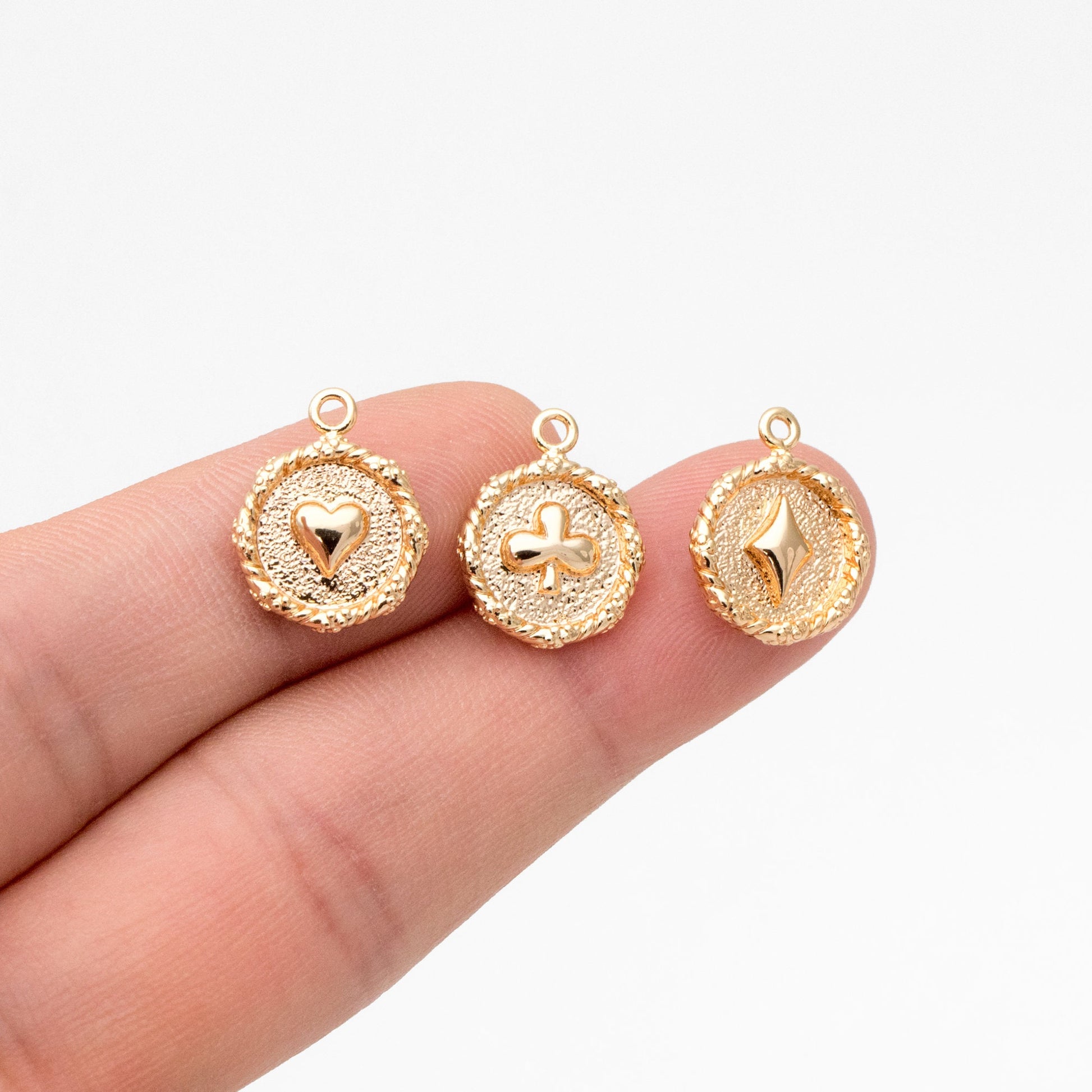 10pcs Gold Plated Brass Poker Charms: Heart/ Club/ Dimond/ Spade Card Pendants (GB-3587)