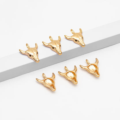 4pcs Gold OX Head Skull Charm 17x13mm, Real Gold plated Brass, Buffalo Head Pendant (GB-3616-A)