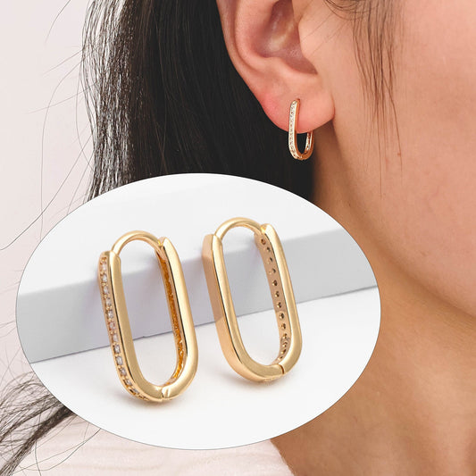 4pcs CZ Pave Gold Oval Hoop Earrings, Gold plated Brass, Dainty Geometric Earring Hoops (GB-2292-F)
