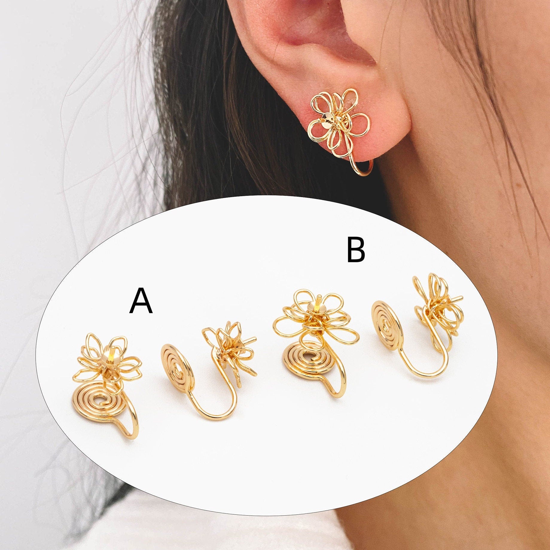 4pcs Gold Wire Flower Earring Converters, Clip On Earring, Pearl Peg Earring Mounts, Half Drilled Pearl Post Earring Settings (GB-3614)