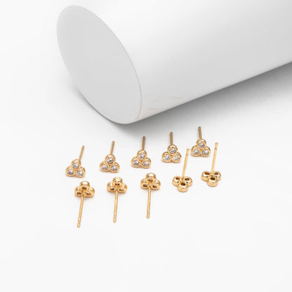 4pcs CZ Pave Three Dot Trio Stud Earring, Gold Plated Brass, Tiny Trinity Dainty Stud Earring (GB-3671-A)