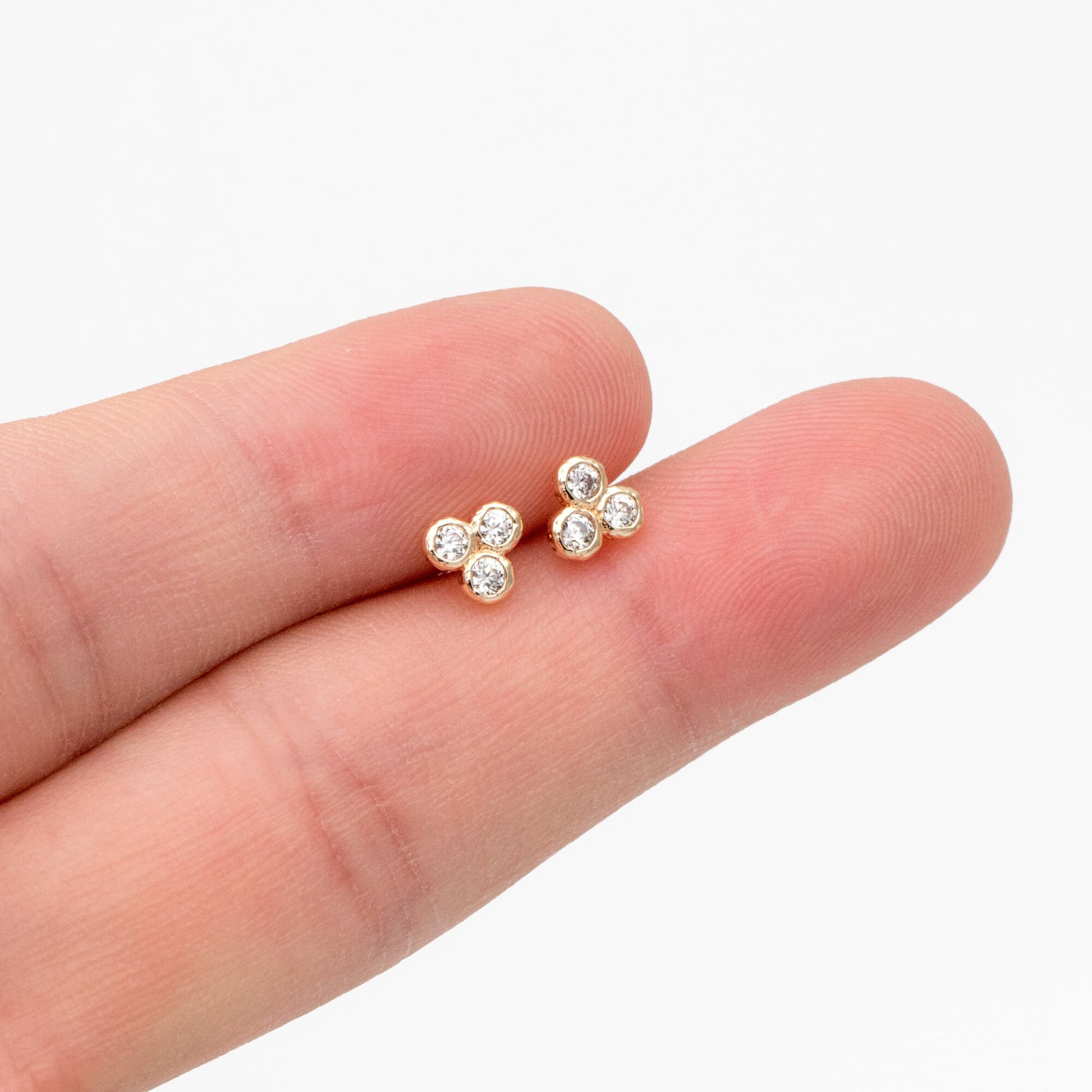 4pcs CZ Pave Three Dot Trio Stud Earring, Gold Plated Brass, Tiny Trinity Dainty Stud Earring (GB-3671)