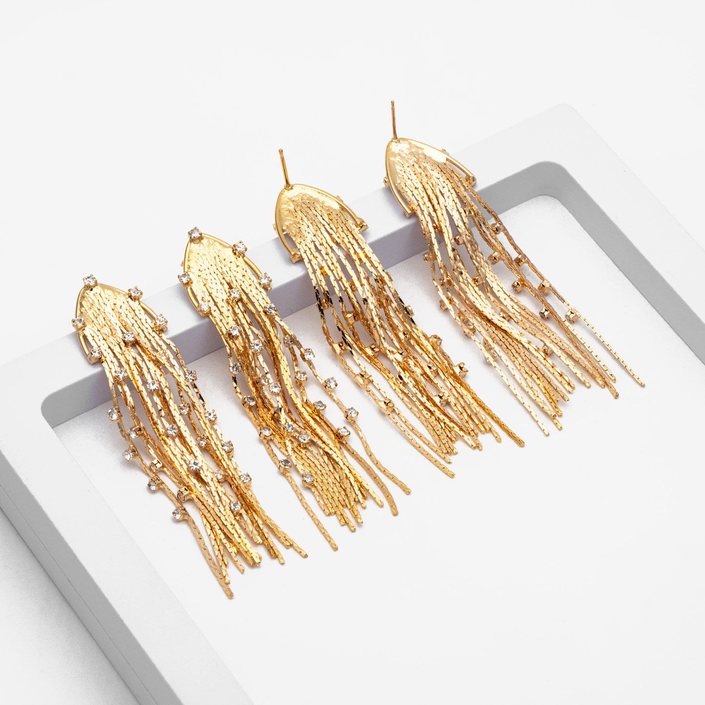 4pcs CZ Pave Chain Tassel Earrings, Long Tassel Stud Earring, Gold Dangling Earrings, Minimalist Earrings (GB-3672)