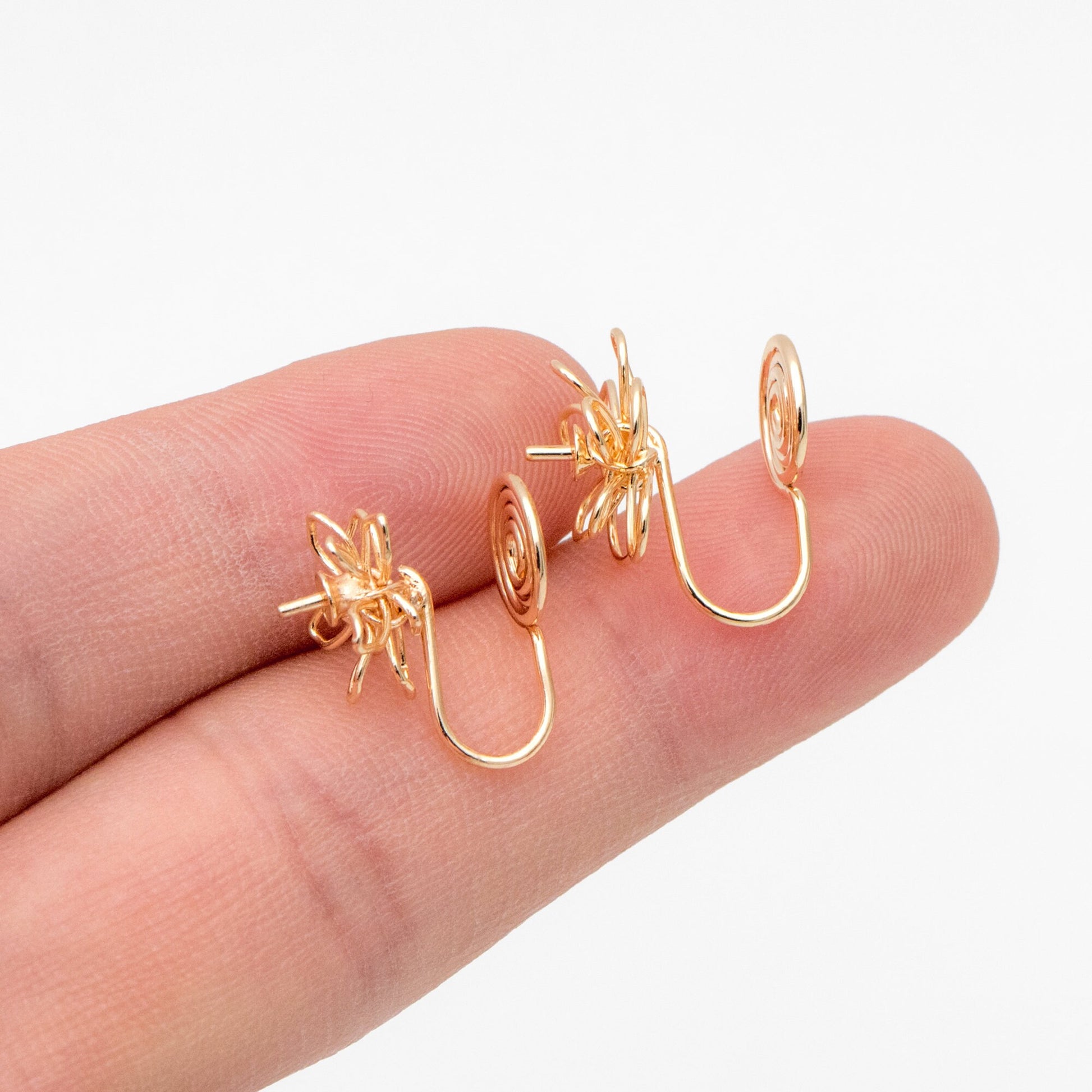 10pcs Gold Wire Flower Earring Converters, Clip On Earring, Pearl Peg Earring Mounts, Half Drilled Pearl Post Earring Settings (GB-3614)