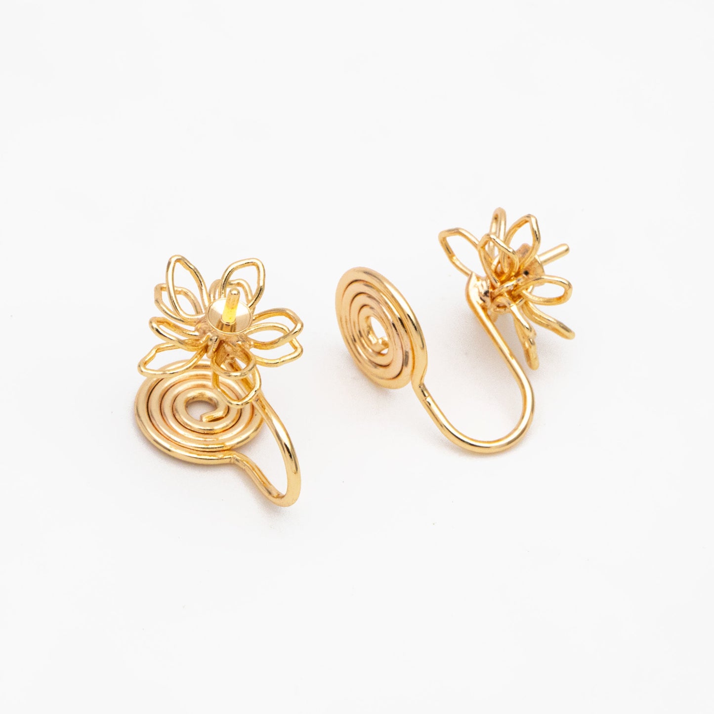 10pcs Gold Wire Flower Earring Converters, Clip On Earring, Pearl Peg Earring Mounts, Half Drilled Pearl Post Earring Settings (GB-3614)