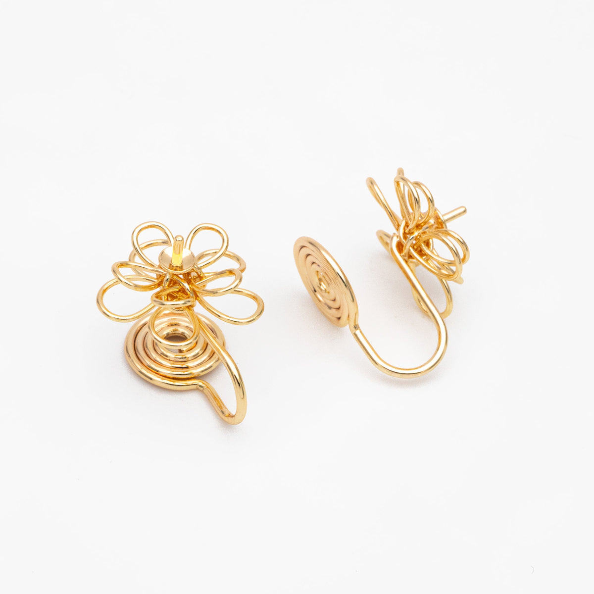 4pcs Gold Wire Flower Earring Converters, Clip On Earring, Pearl Peg Earring Mounts, Half Drilled Pearl Post Earring Settings (GB-3614)