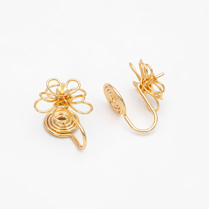 4pcs Gold Wire Flower Earring Converters, Clip On Earring, Pearl Peg Earring Mounts, Half Drilled Pearl Post Earring Settings (GB-3614)