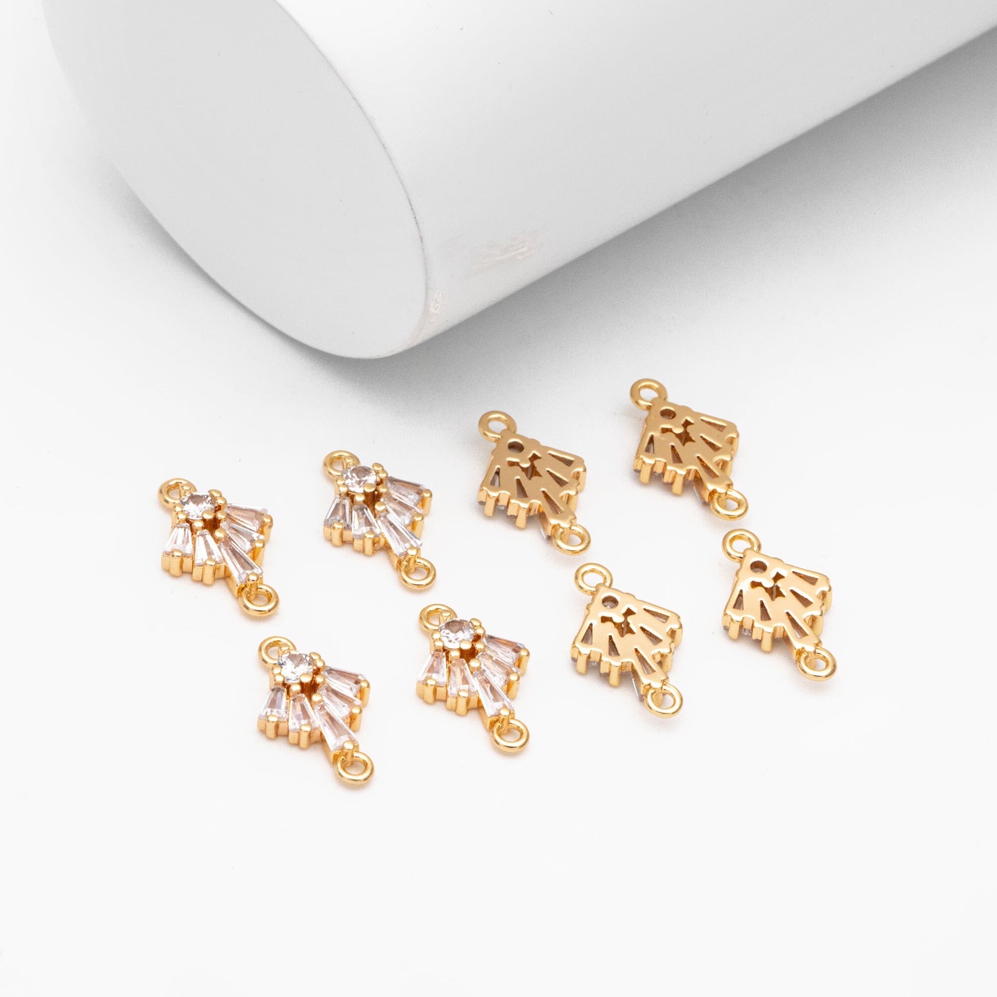 10pcs CZ Pave Gold Fan Shaped Charm Connectors 14mm, 18K Gold plated Brass Earring Connectors (GB-3618)
