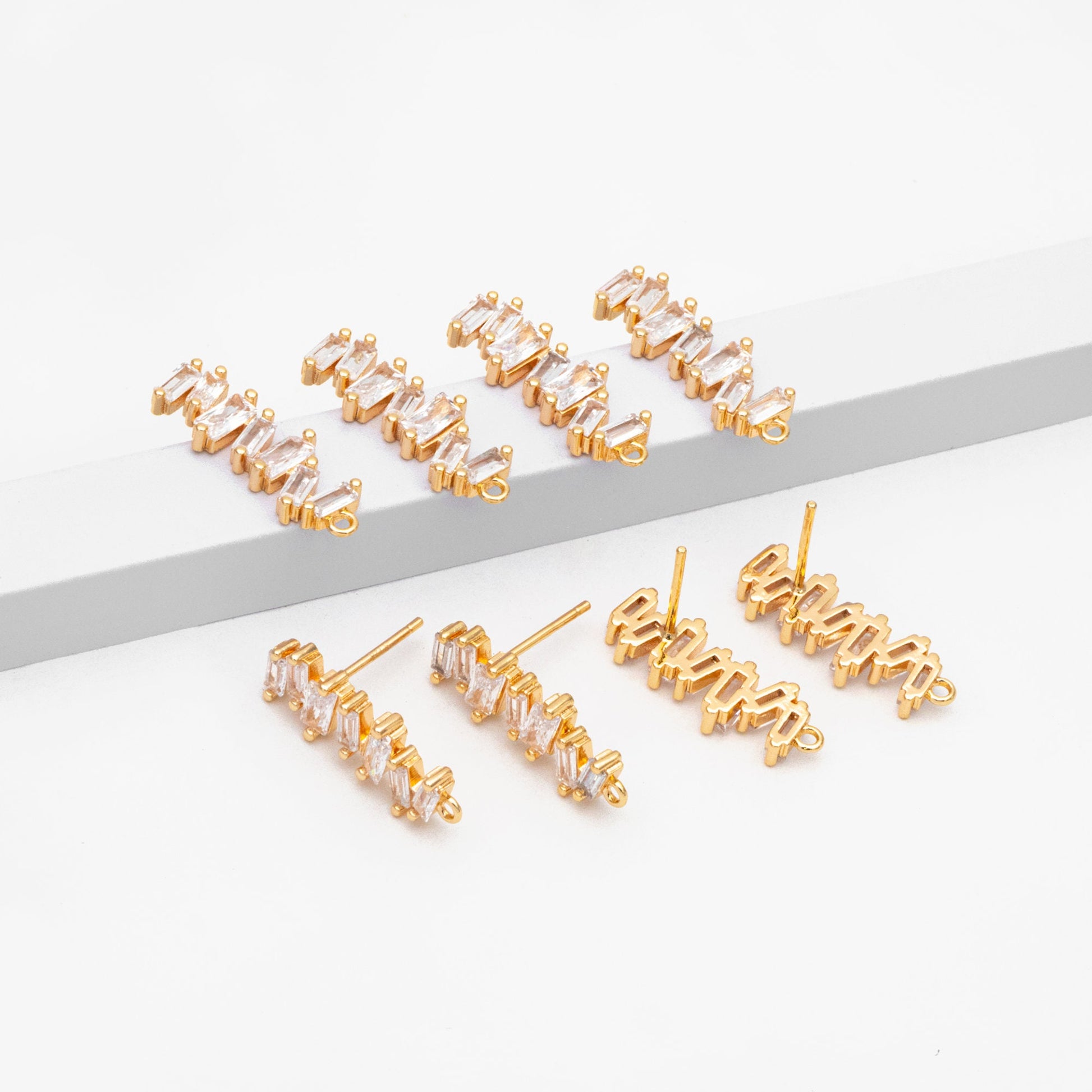 4pcs CZ Pave Irregular Earring Studs with Loop, 18K Gold plated Brass Ear Posts, Dainty Earring Findings (#GB-3619)