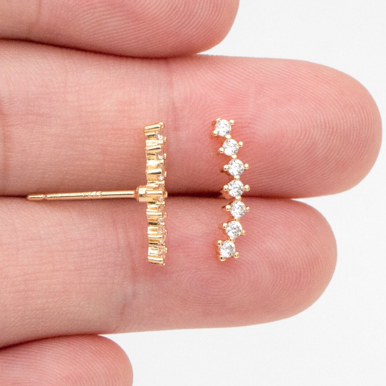 4pcs CZ Pave Gold Curved Bar Ear Posts, Real Gold Plated Brass Stick Stud Earrings (#GB-3353)