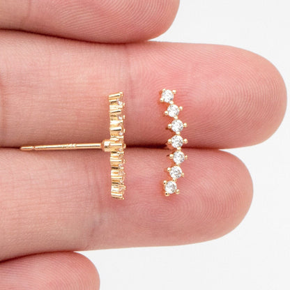 4pcs CZ Pave Gold Curved Bar Ear Posts, Real Gold Plated Brass Stick Stud Earrings (#GB-3353)