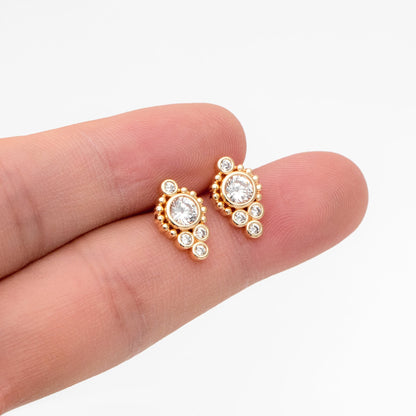 4pcs CZ Pave Round Cluster Earrings 13x8mm, Gold Plated Brass Dainty Stud Earrings (GB-3662)