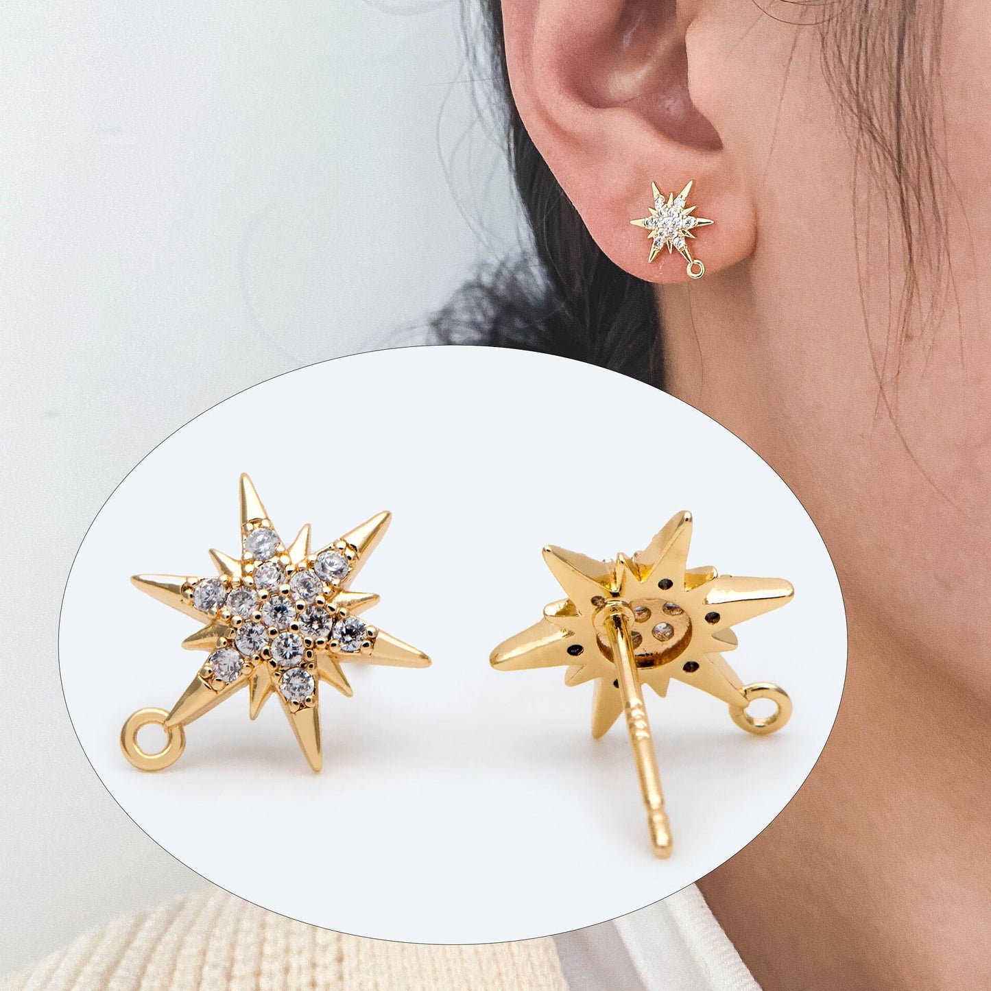 4pcs CZ Pave Hexagram Earrings, 13x10mm, Real Gold Plated Brass Star Stud Earrings (#GB-2783)
