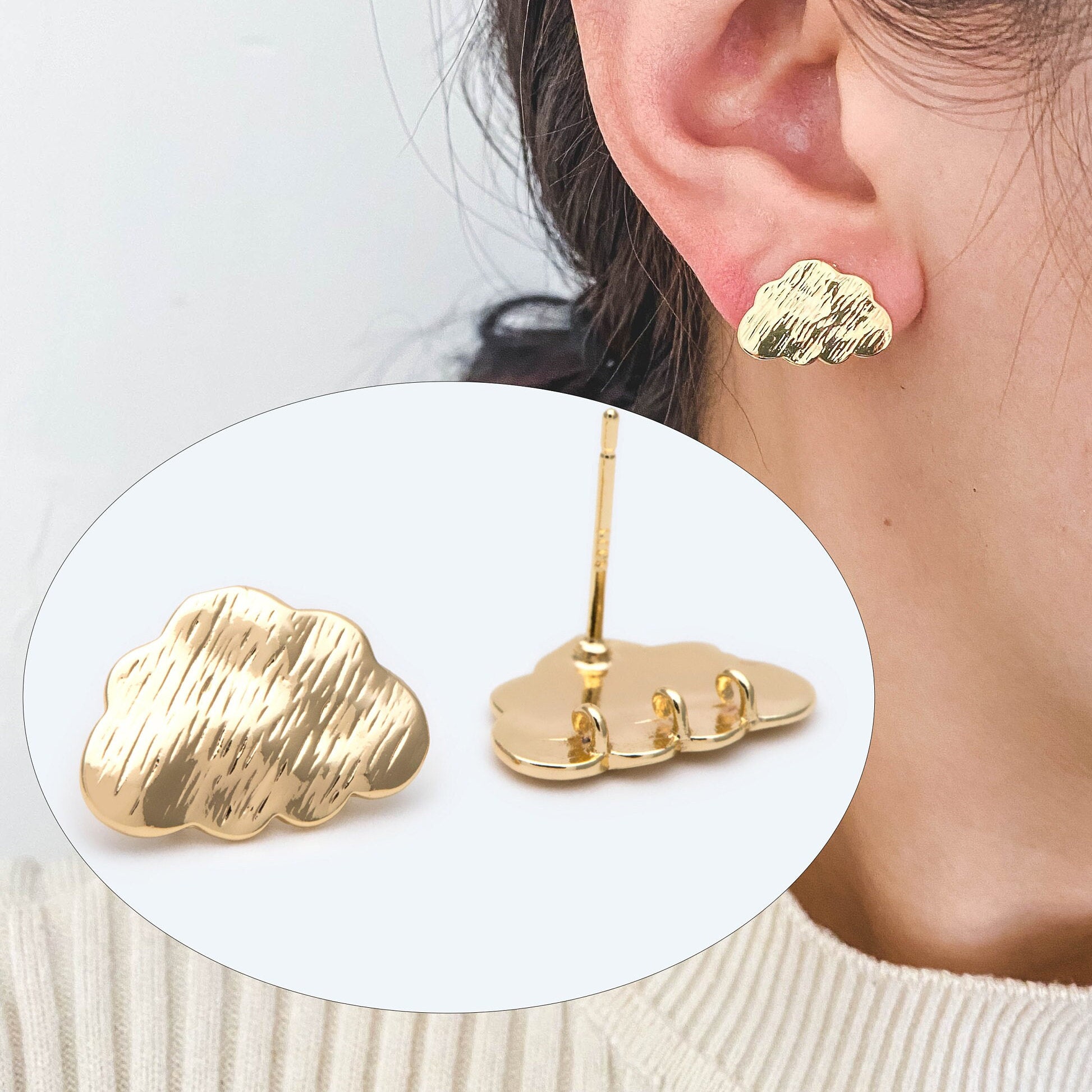 10pcs Brushed Gold Cloud Earrings, Stud Earring with loops, Gold plated Brass Ear Posts (#GB-2118)