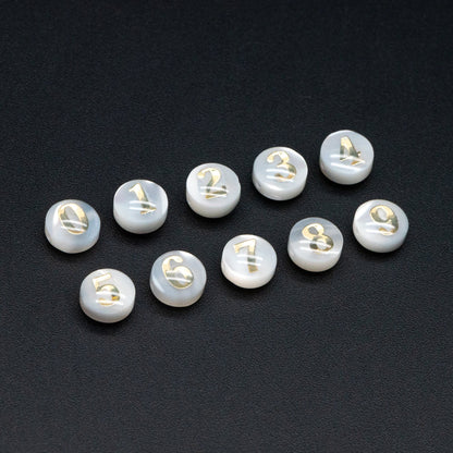 6mm Natural Shell with Gold Number Beads- Coin Puff Spacer - Double Sided Number (V1406)