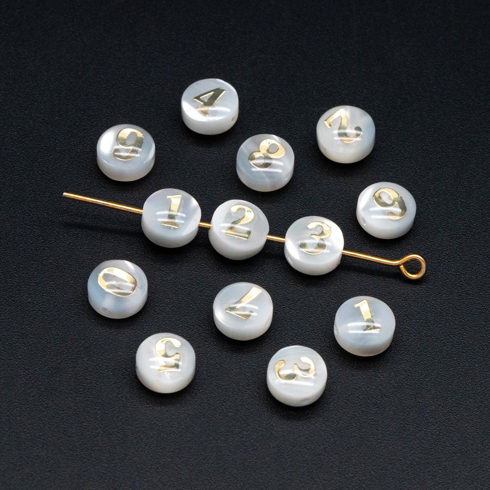 6mm Natural Shell with Gold Number Beads- Coin Puff Spacer - Double Sided Number (V1406)