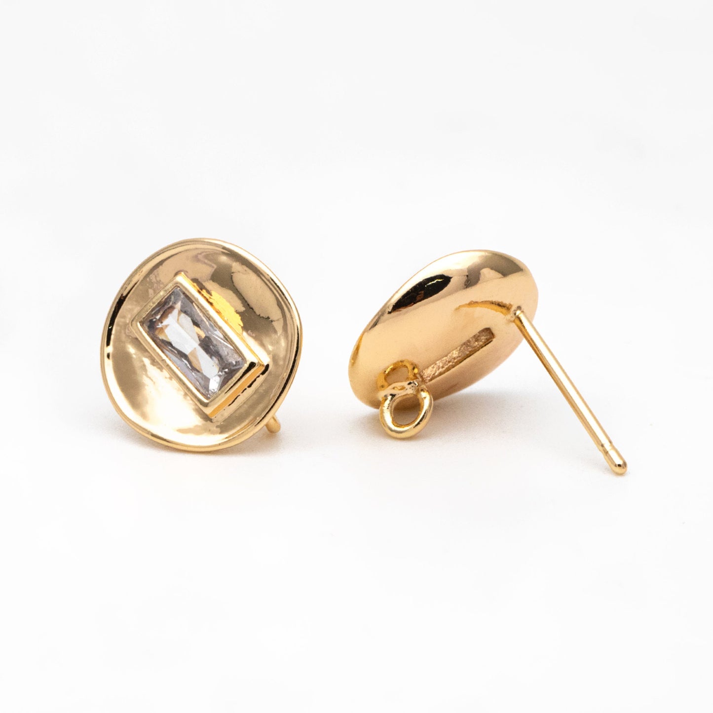 4pcs CZ Pave Gold Round Ear Posts 11mm, 18K Gold plated Brass, Stud Earring Components (GB-3603)