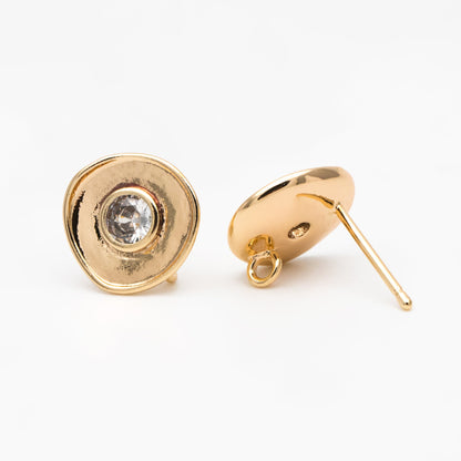 4pcs CZ Pave Gold Round Ear Posts 11mm, 18K Gold plated Brass, Stud Earring Components (GB-3603)