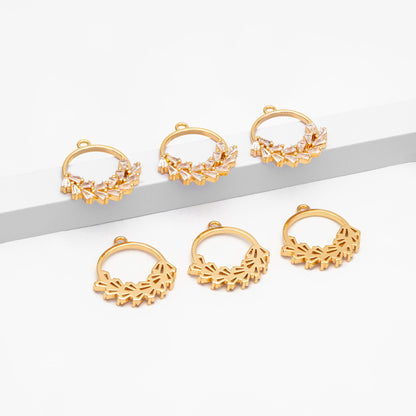 4pcs CZ Pave Gold Wreath Circle Charms 21x20mm, Real Gold plated Brass Leaf Pendants (GB-3626)