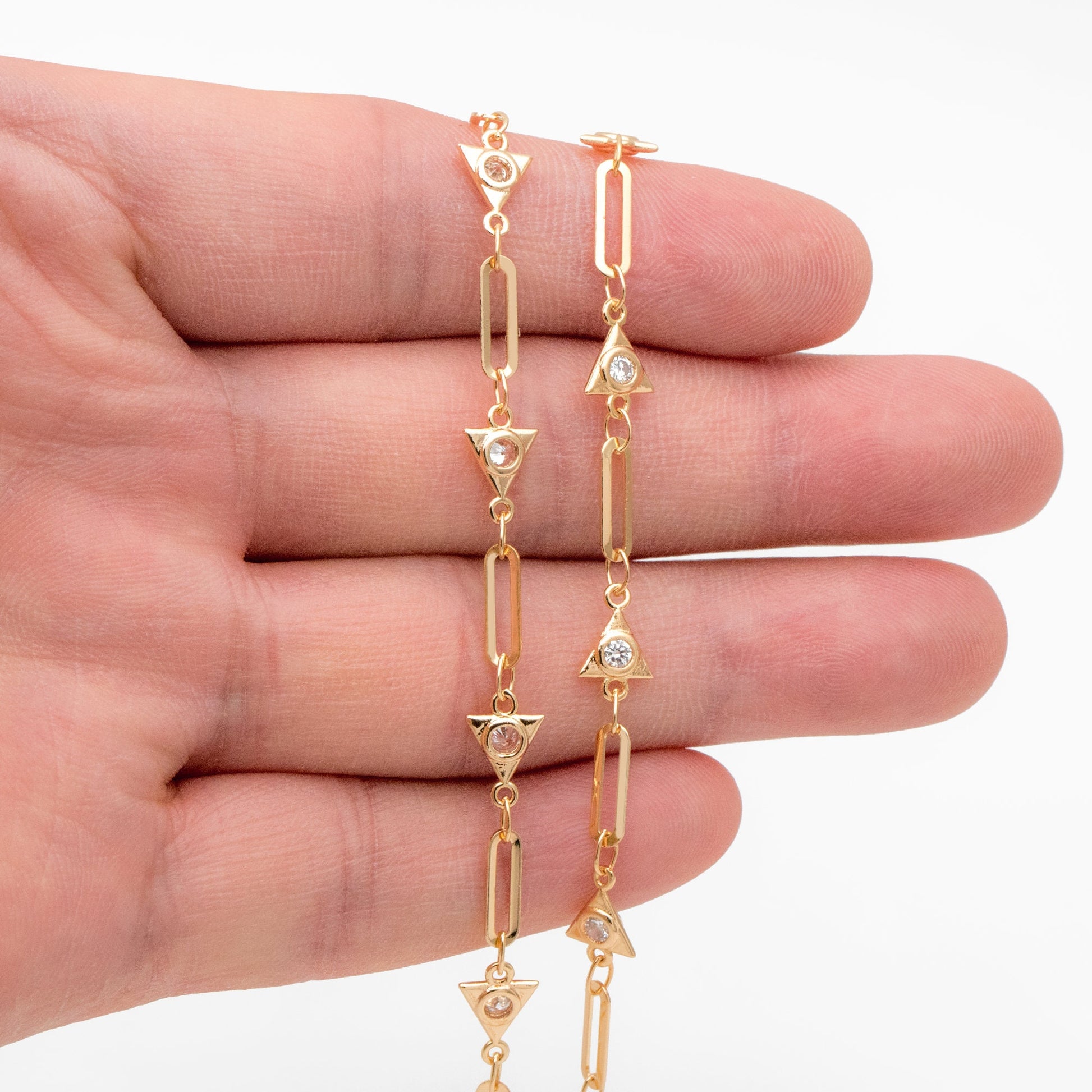 Gold CZ Pave Triangle Connector With Oval Hoop Chain, 18K Gold plated Brass Chain (#LK-589)/ 1 Meter=3.3 ft