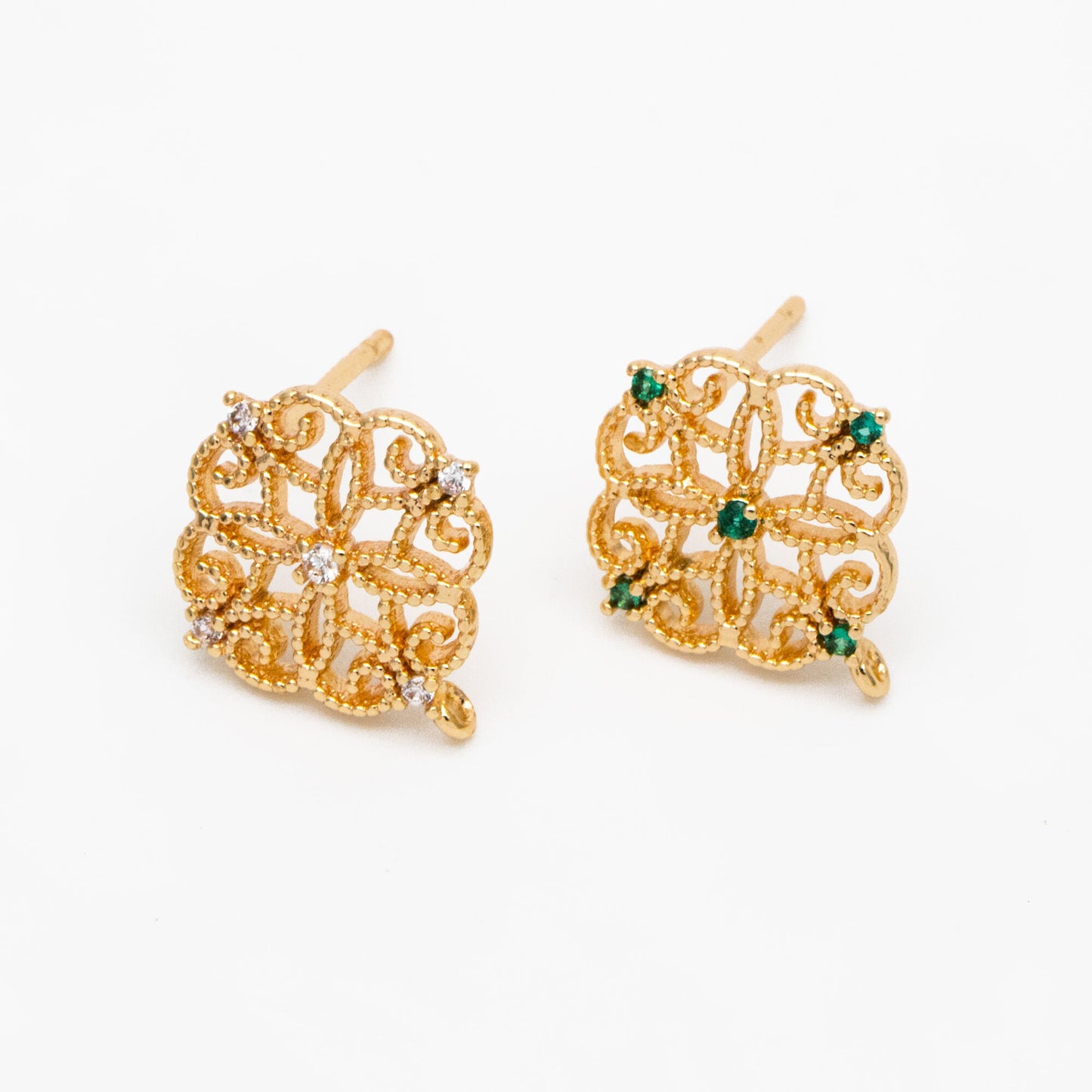 10pcs Emerald CZ Pave Filigree Flower Earring with Loop, 12mm, Real Gold Plated Brass Stud Earrings with Loop (#GB-384)