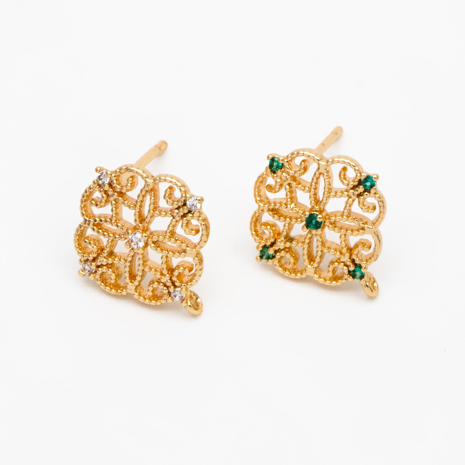 10pcs Emerald CZ Pave Filigree Flower Earring with Loop, 12mm, Real Gold Plated Brass Stud Earrings with Loop (#GB-384)