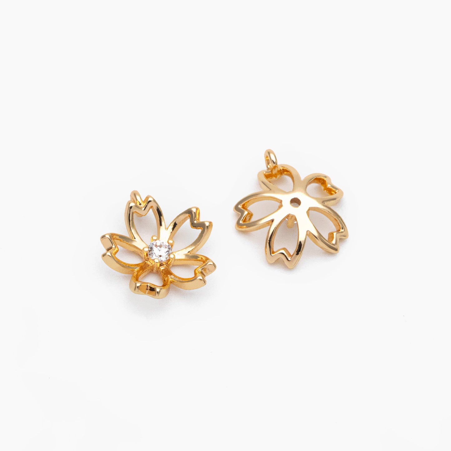 4pcs Gold CZ Flower Charms, 18K Gold plated Brass, Tiny Floral Pendants (GB-321-G)