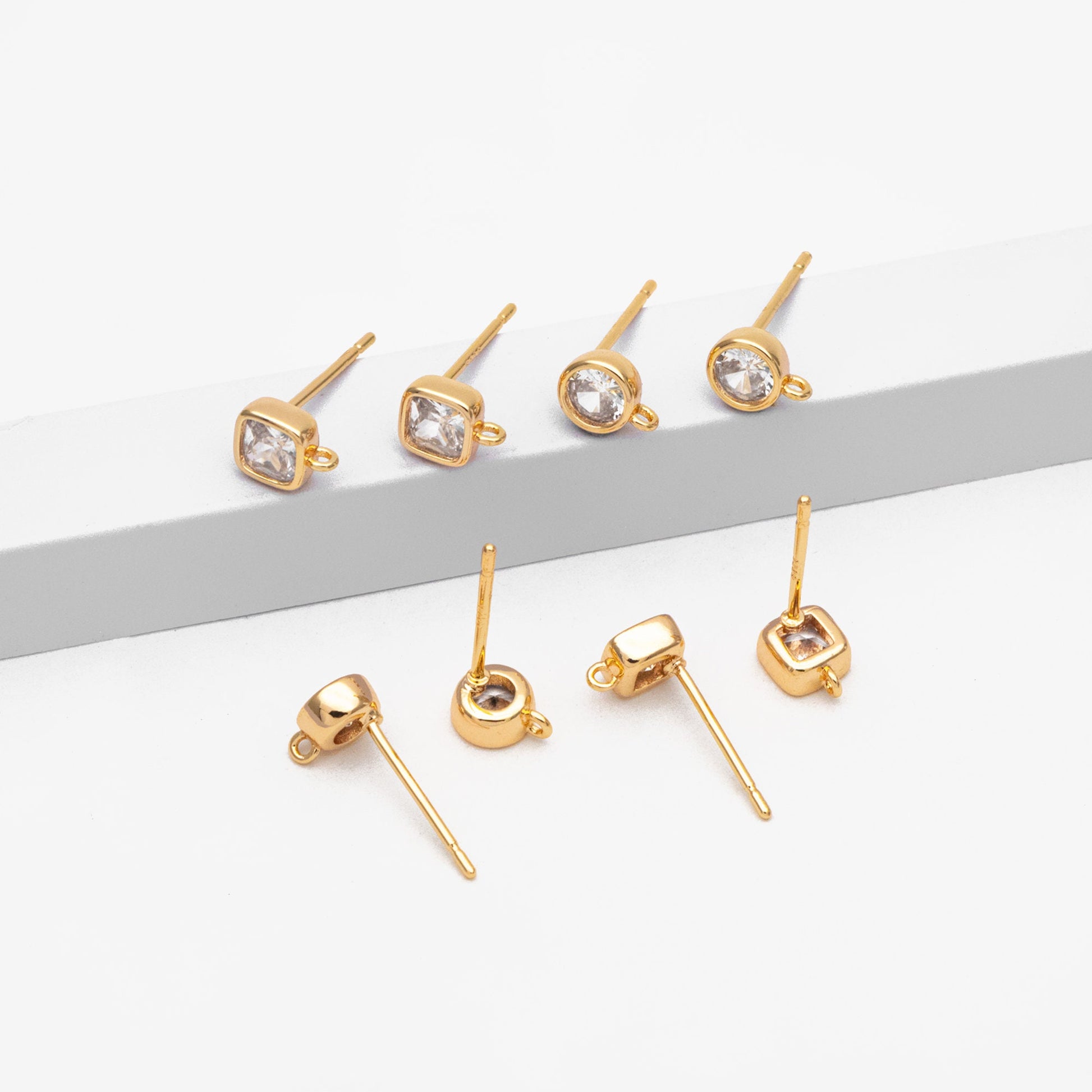 10pcs CZ Pave Square/ Round Ear Posts with Loop, Gold Plated Brass Geometric Stud Earrings (#GB-3681)