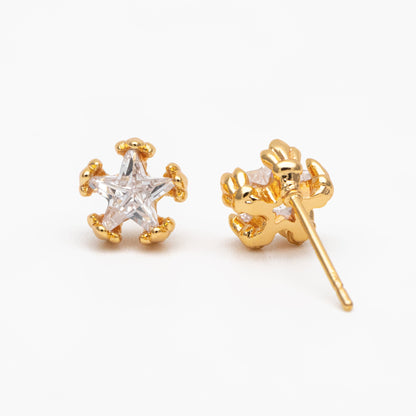10pcs CZ Pave Star Ear Posts, Gold Plated Brass Stud Earrings, Jewelry Findings, Wholesale Supplies (GB-3041-O)