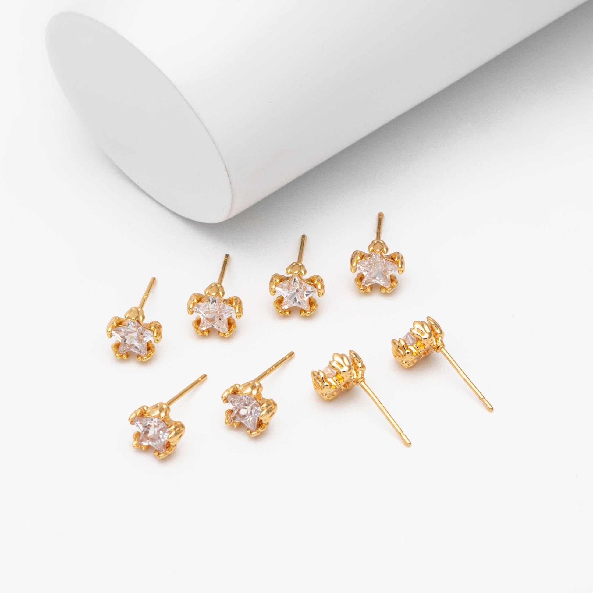 10pcs CZ Pave Star Ear Posts, Gold Plated Brass Stud Earrings, Jewelry Findings, Wholesale Supplies (GB-3041-O)