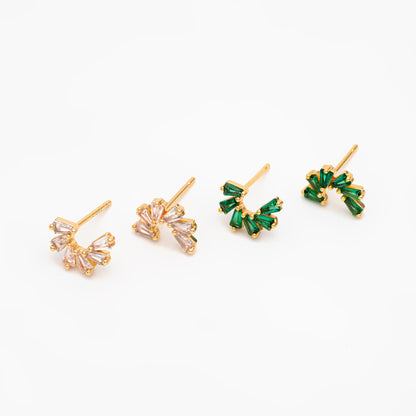 4pcs CZ Pave Flower Ear Posts 10x7mm, Gold plated Brass, Dainty Circle Stud Earrings, Clear /Green (#GB-3369-E)