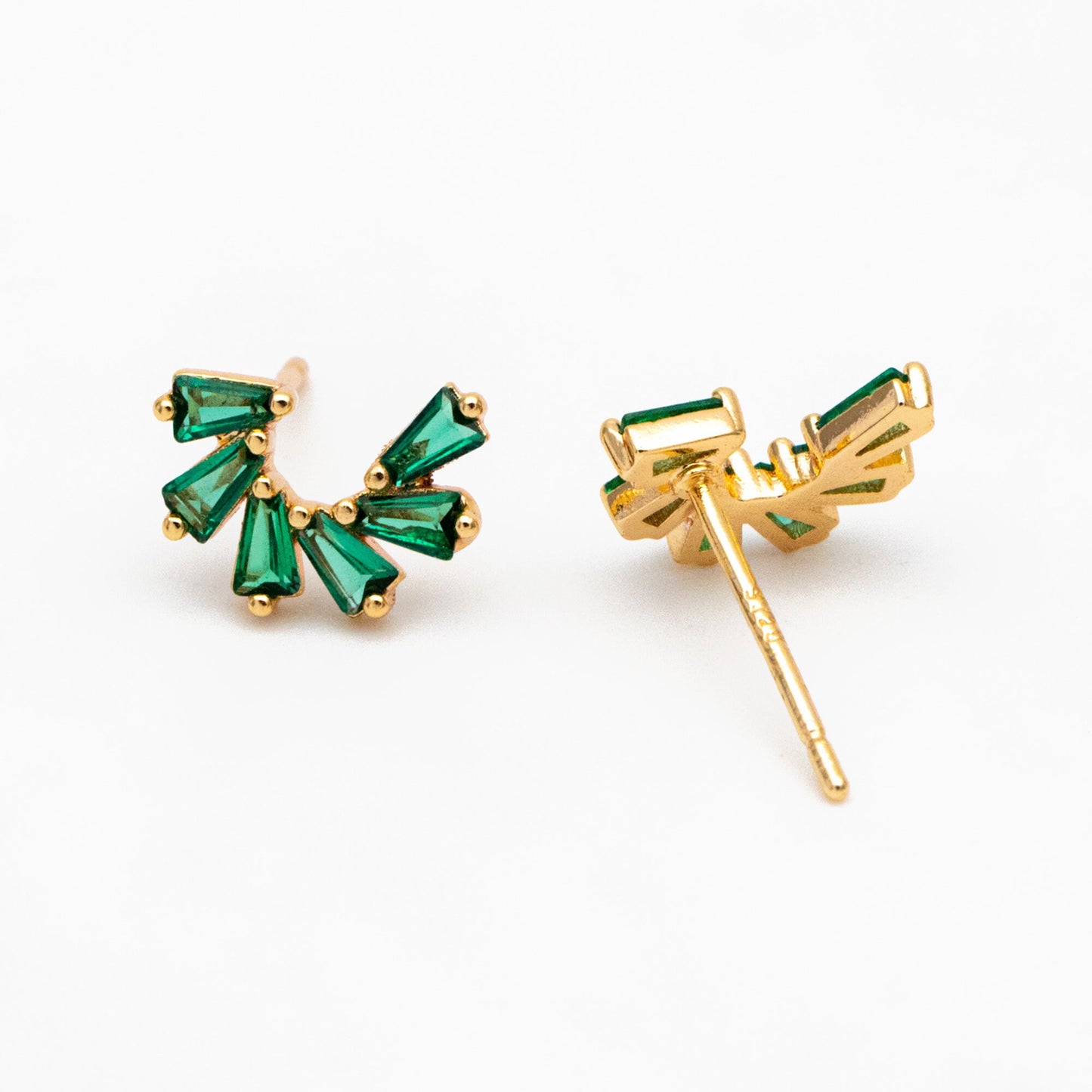 4pcs CZ Pave Flower Ear Posts 10x7mm, Gold plated Brass, Dainty Circle Stud Earrings, Clear /Green (#GB-3683)