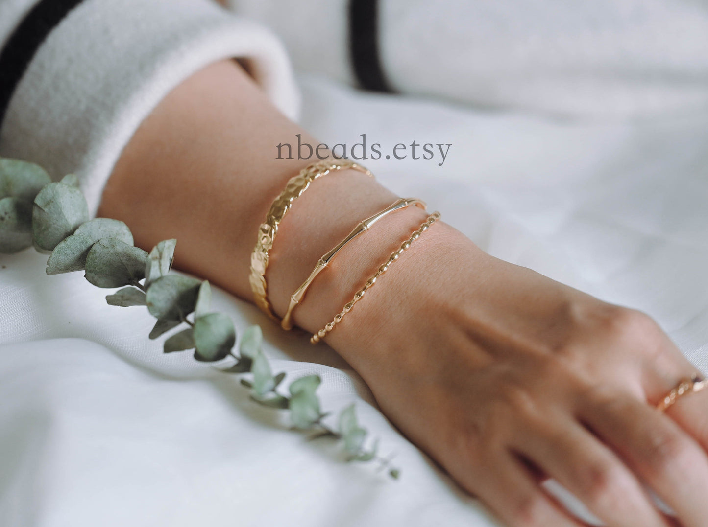 1pcs Gold Bamboo Cuff Bracelet, Stackable Bracelets, Adjustable Bangle Bracelet (#GB-2939)