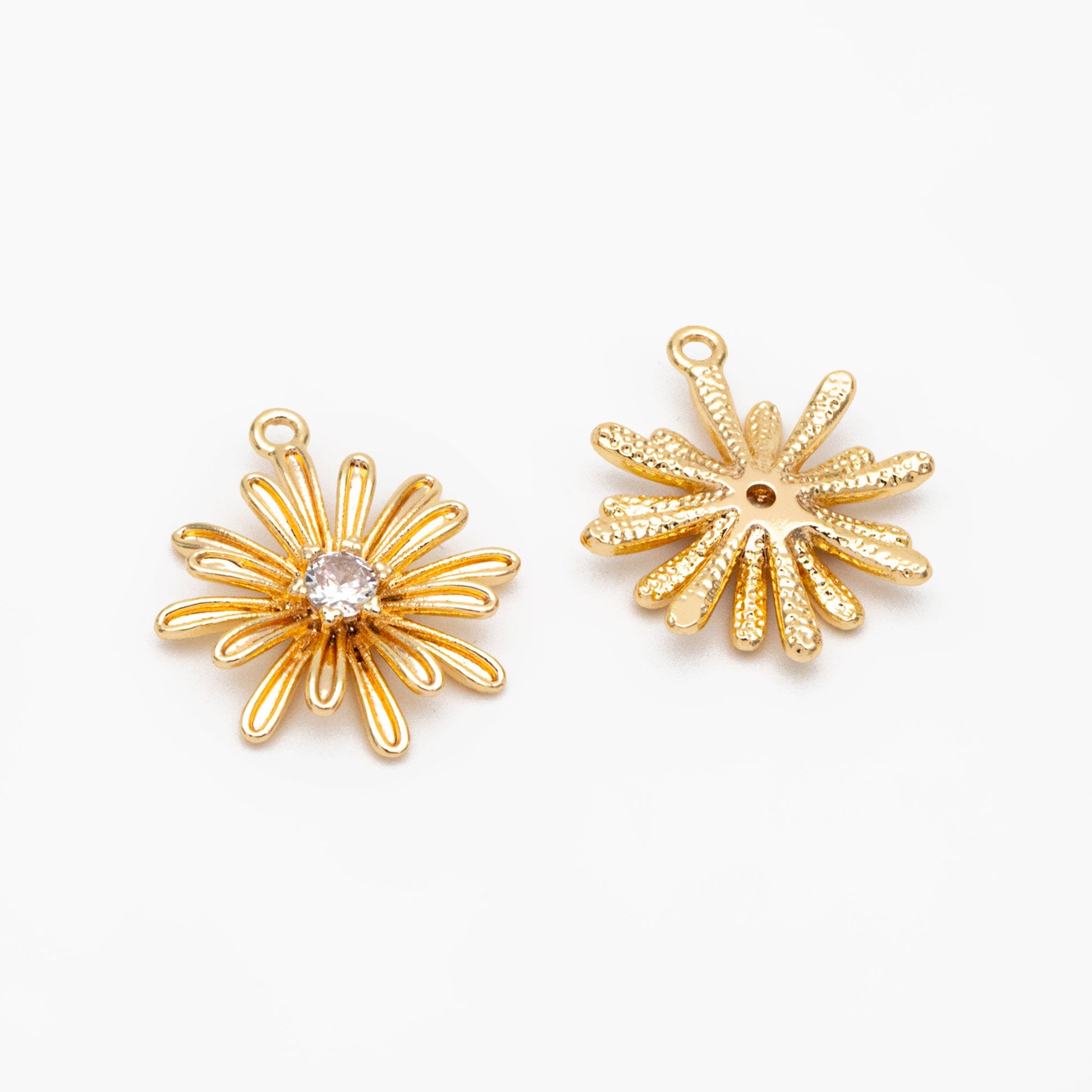 10pcs Gold CZ Flower Charms 17x15mm, 18K Real Gold plated Brass, Floral Earring Pendants (GB-3688)