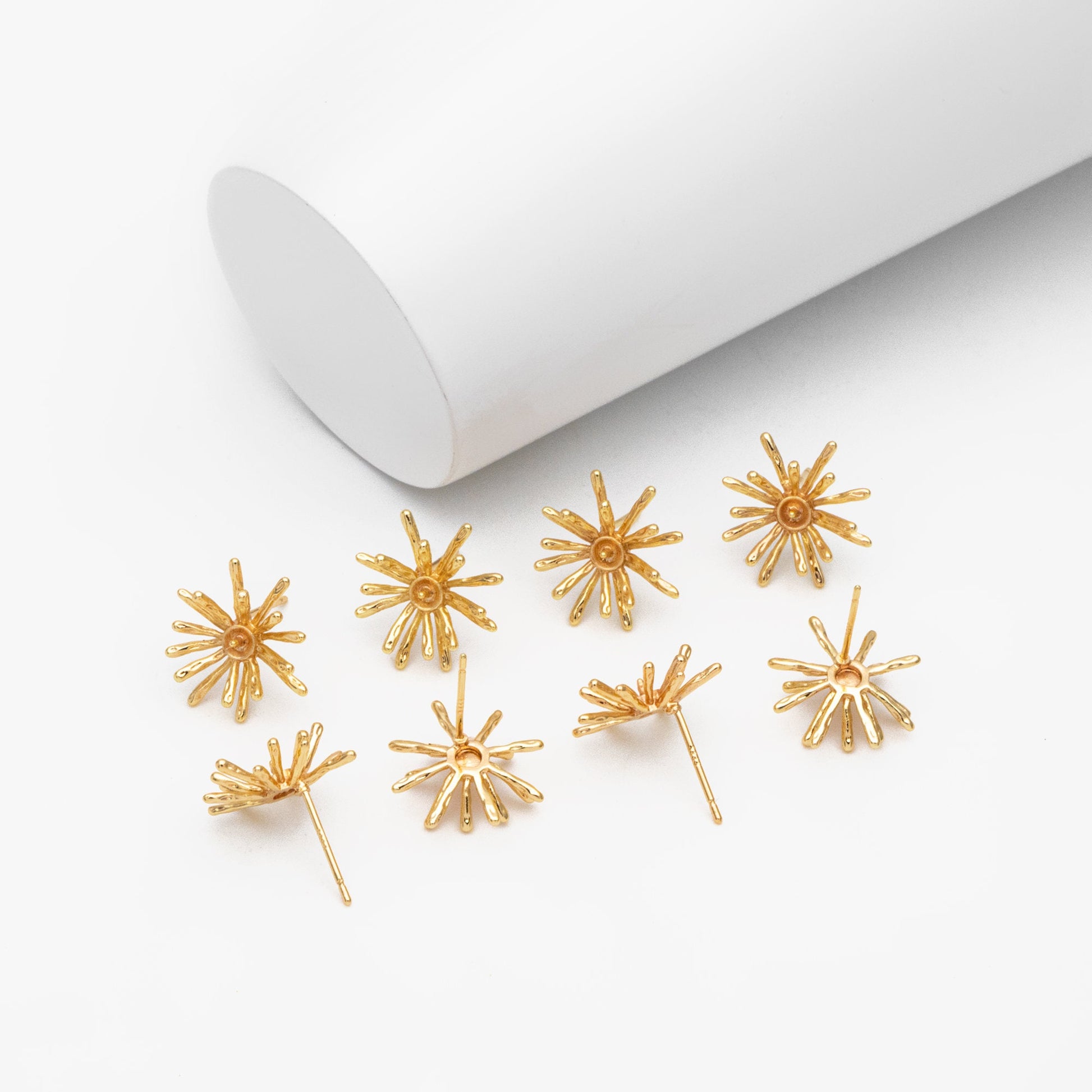 10pcs Gold Fireworks Ear Posts, Pearl Earring Mounts, Half Drilled Pearls Earring Settings (GB-3689)