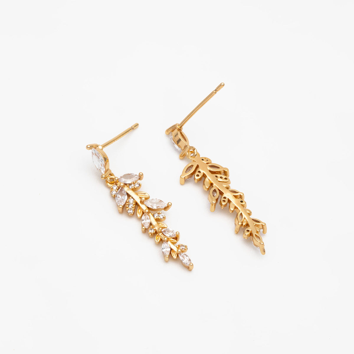4pcs CZ Pave Gold Leaf Earring Posts, Gold Plated Brass, Leaf Dangle Earrings (GB-3690)